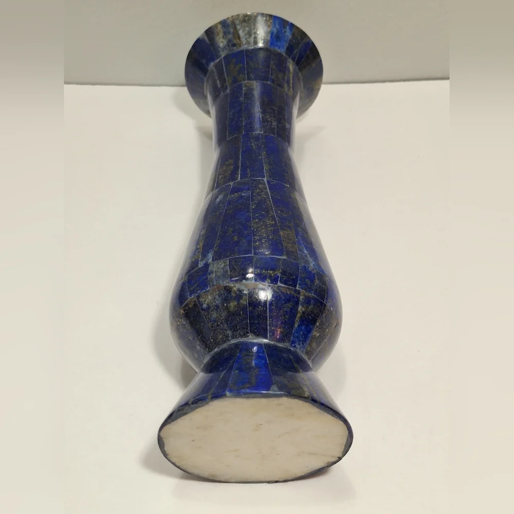 Blue Lapis Lazuli Handmade Brass Lined Natural Gemstone Inlay Vase Cobalt Unique